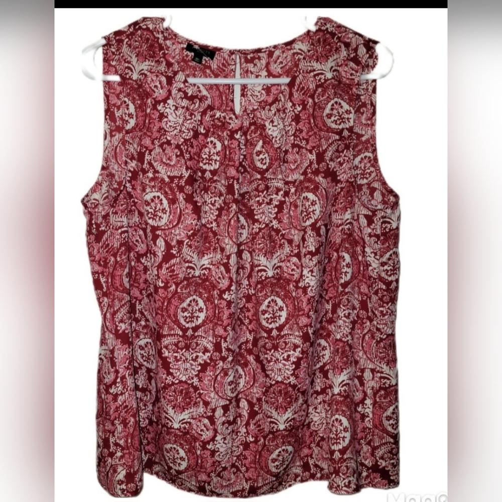 Talbots Womens Sz 16 Petite Red Ikat Keyhole Mosaic Loose Blouse Lightweight